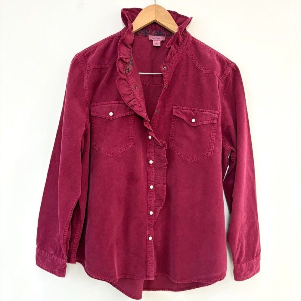 Sundance Burgundy Fine Corduroy Ruffle Front Pearl Snap Shirt Sz L Western Boho - Picture 2 of 8